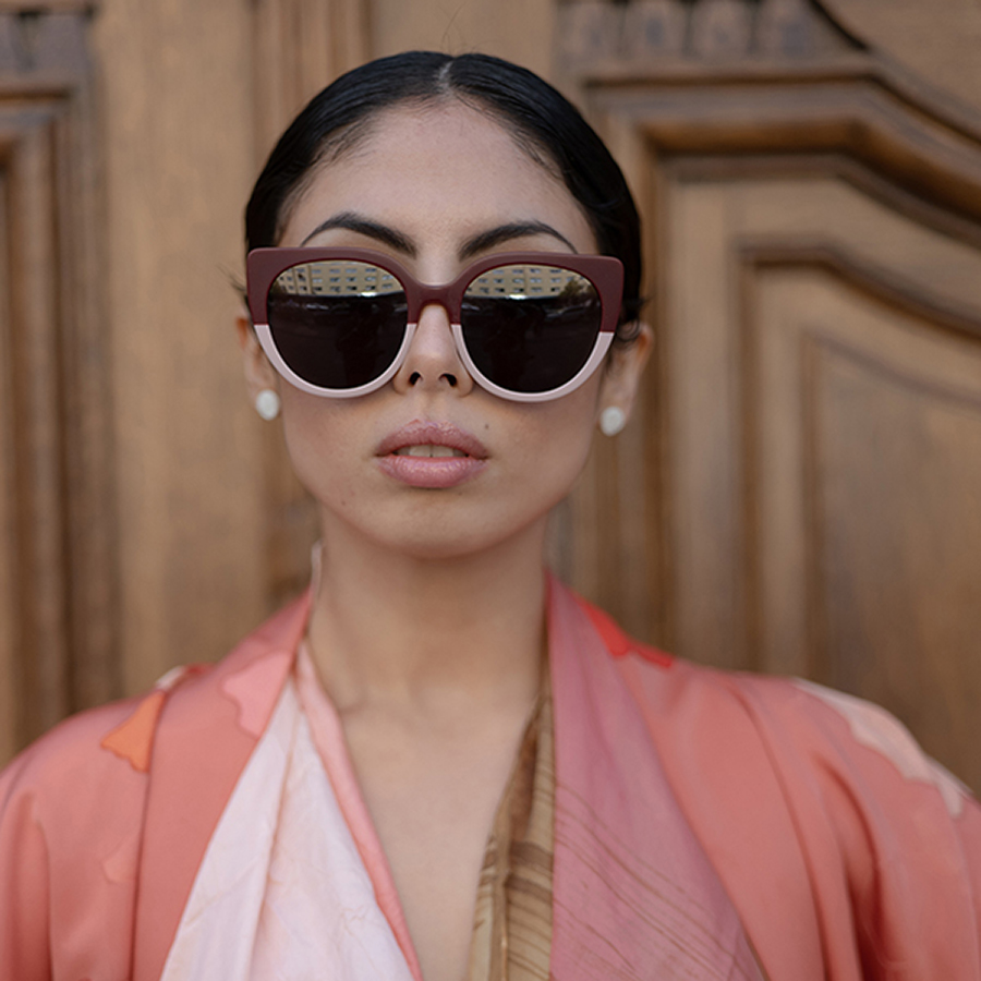 woman wearing cat's eye Akenberg frame